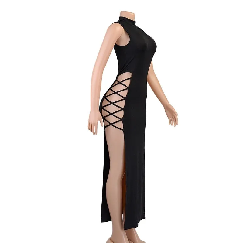 High Neck Sleeveless Side Tie-Up Midi Dress