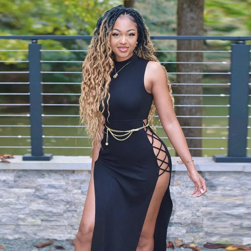 High Neck Sleeveless Side Tie-Up Midi Dress