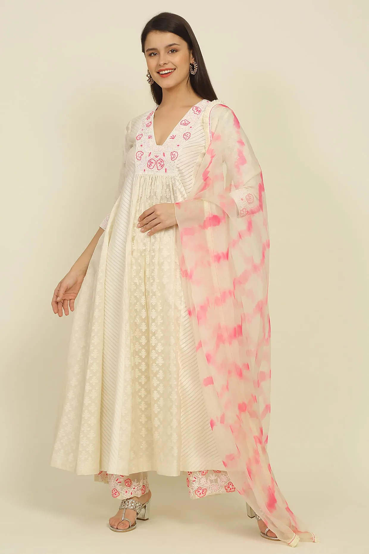 Ivory and Pink Chanderi Suit Set