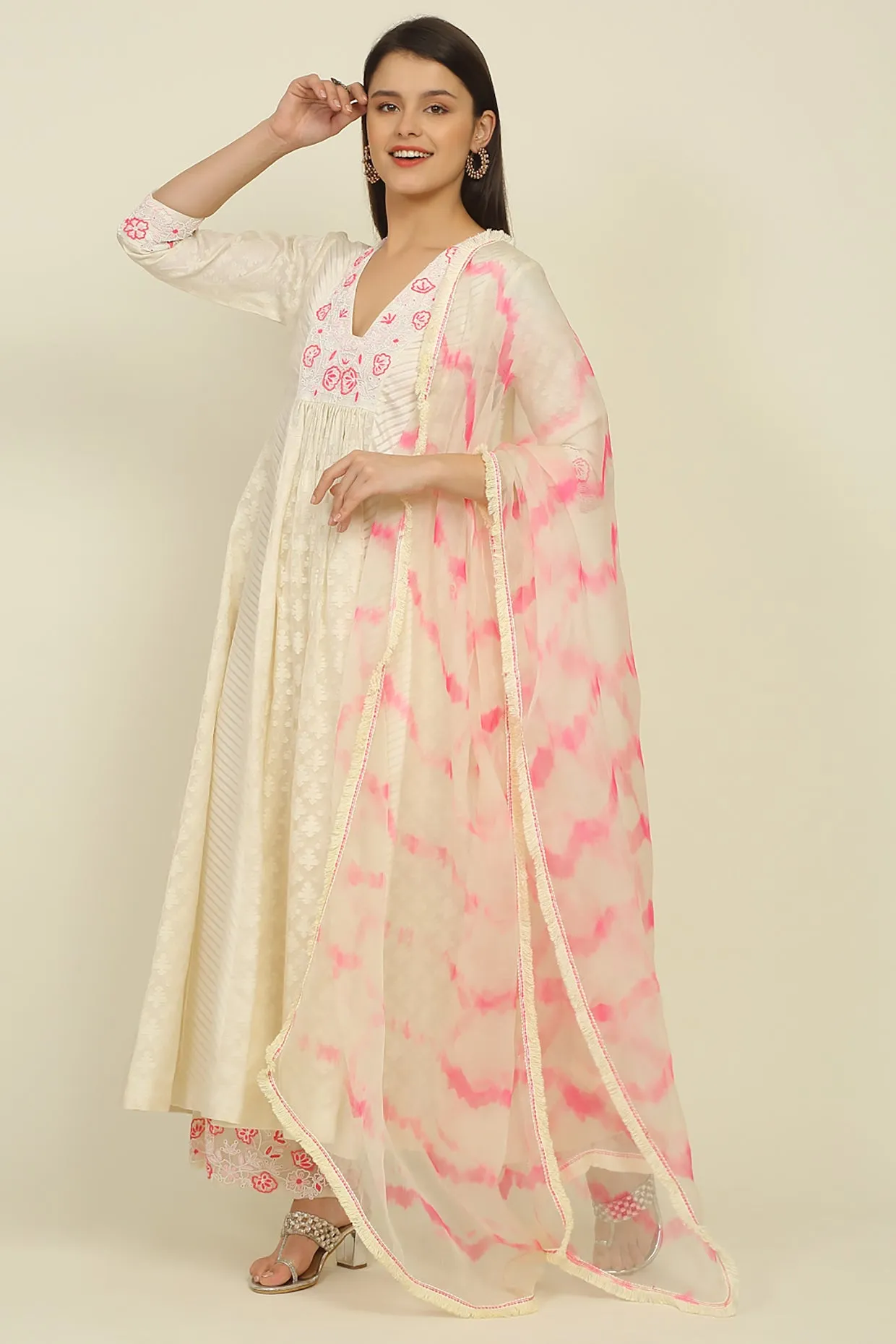 Ivory and Pink Chanderi Suit Set
