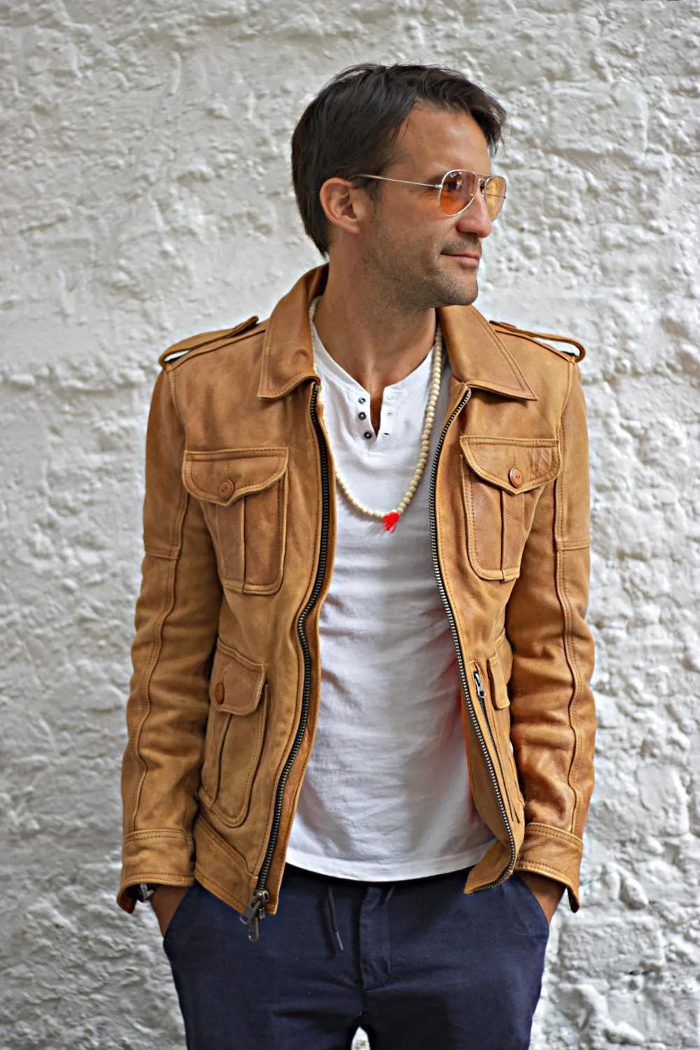 JACOB LUKAS LG Leather Retro Jacket in Distressed Pre-washed Tan