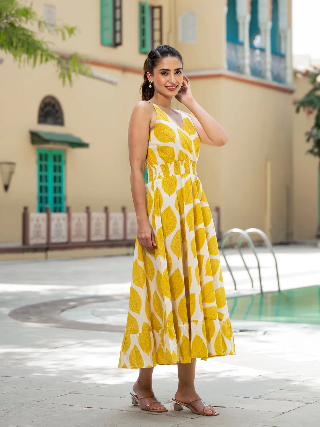 Jashvi Yellow Printed Pure Cotton Fit & Flare Dress