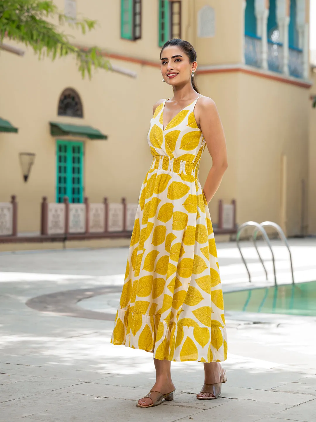 Jashvi Yellow Printed Pure Cotton Fit & Flare Dress