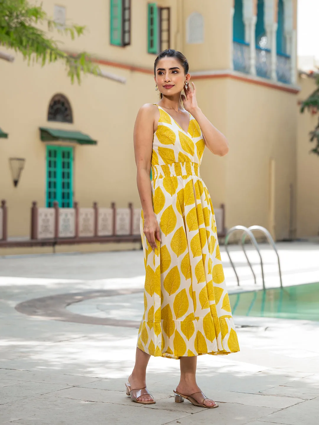 Jashvi Yellow Printed Pure Cotton Fit & Flare Dress