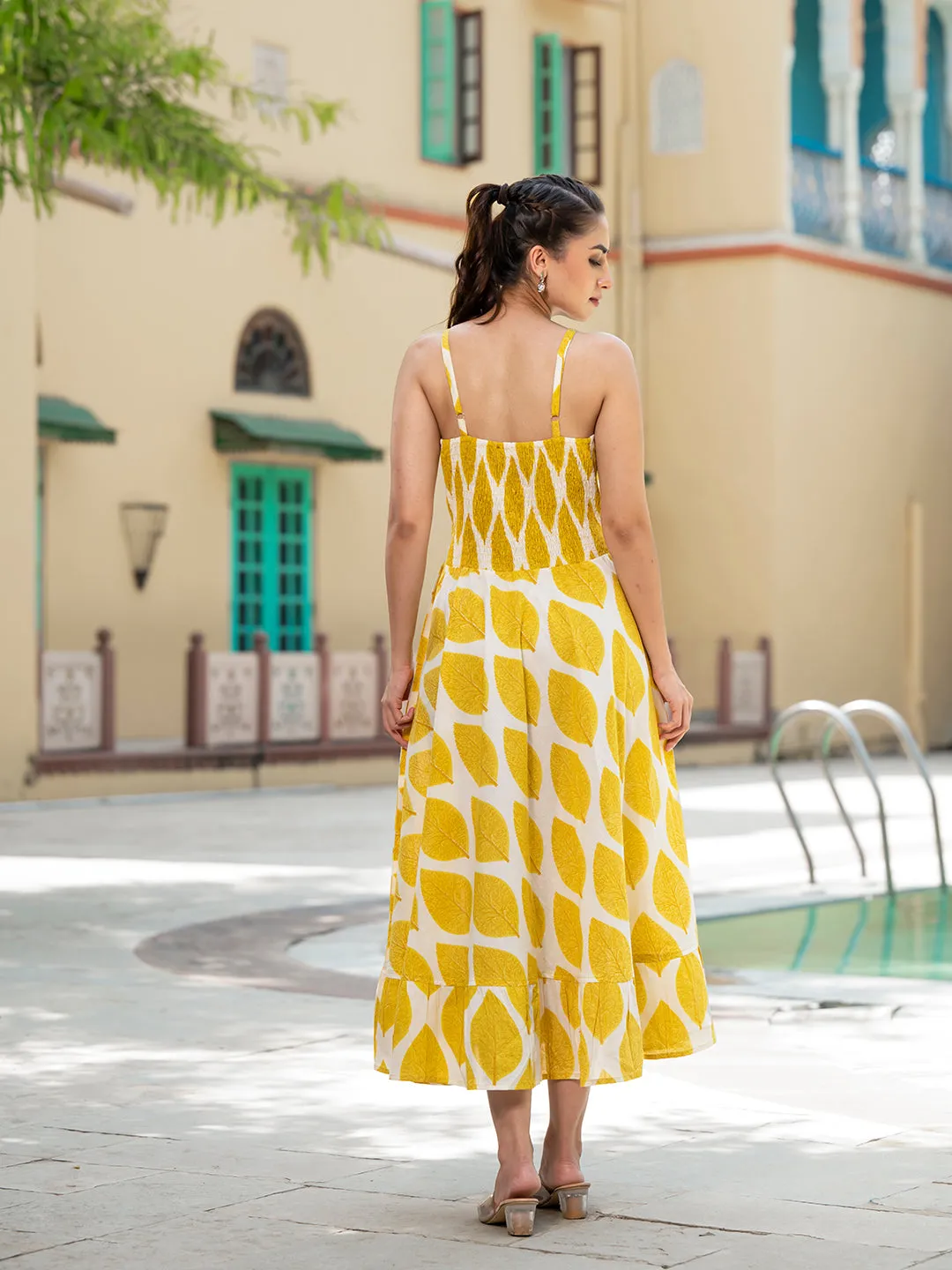 Jashvi Yellow Printed Pure Cotton Fit & Flare Dress