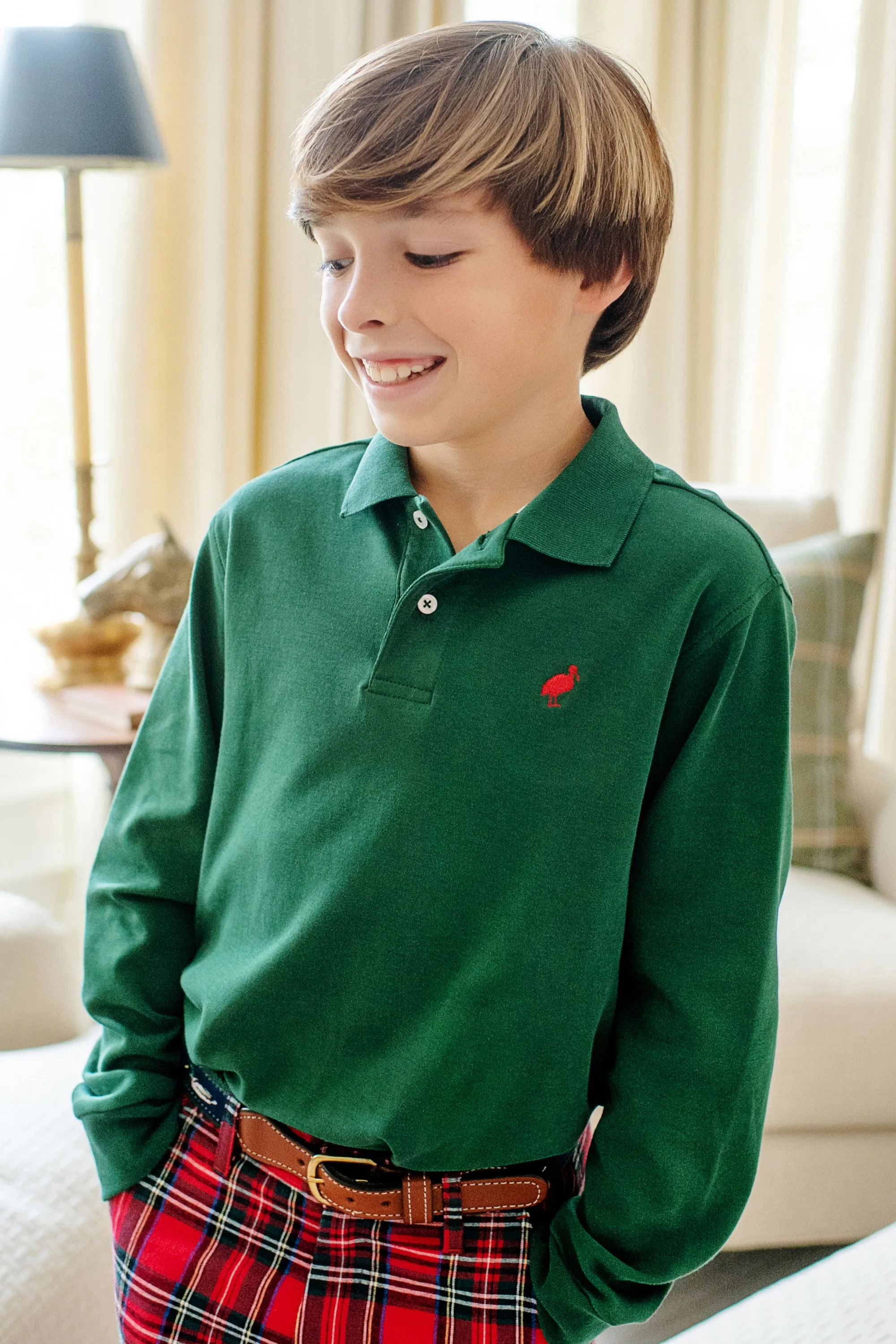 Long Sleeve Prim & Proper Polo & Onesie - Grier Green with Richmond Red Stork