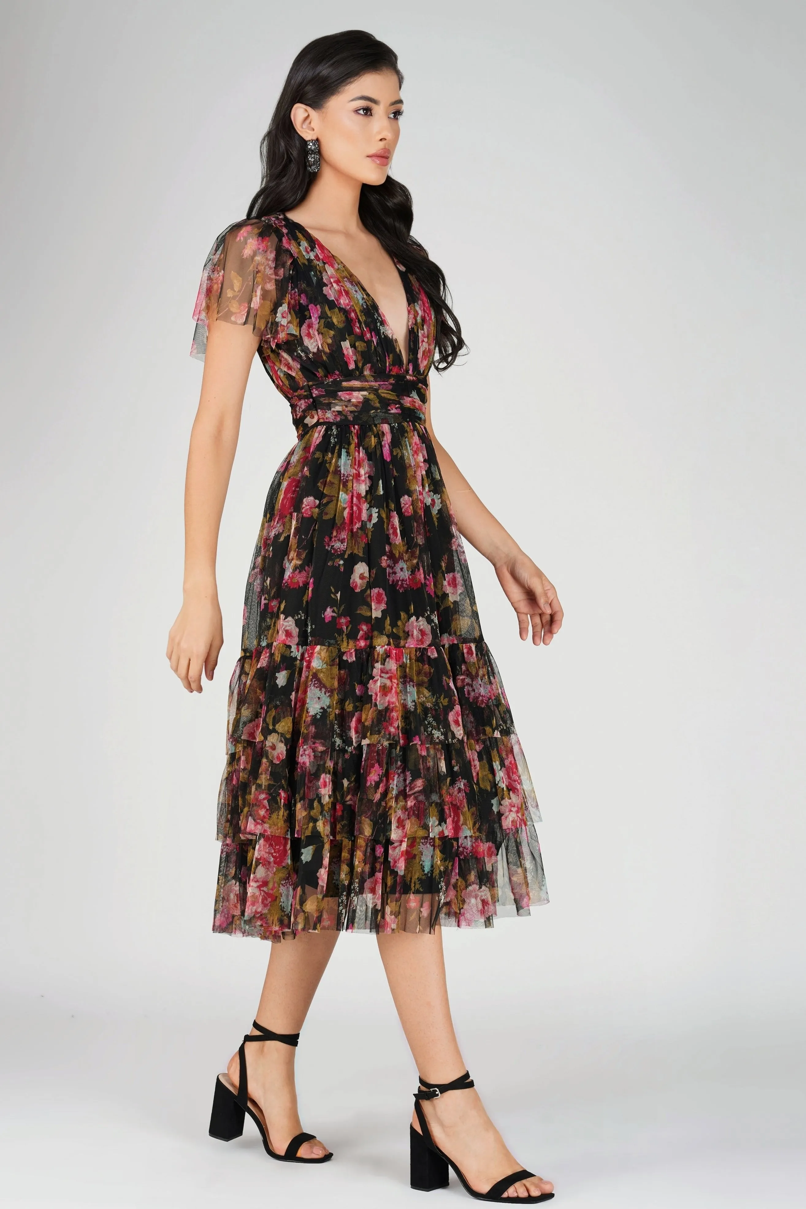 Madison Black Floral Tulle Midi Dress