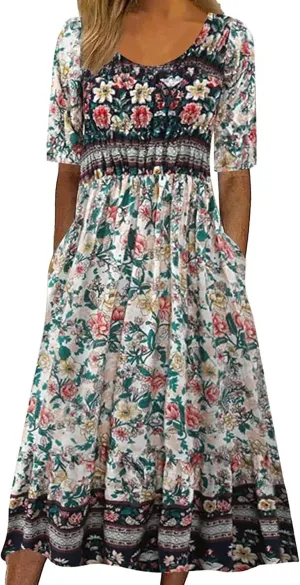 Midi Dresses for Women 2024 Floral Print High Waist Boho Dresses with Pockets Half Sleeve Loose Flowy Summer Dresses