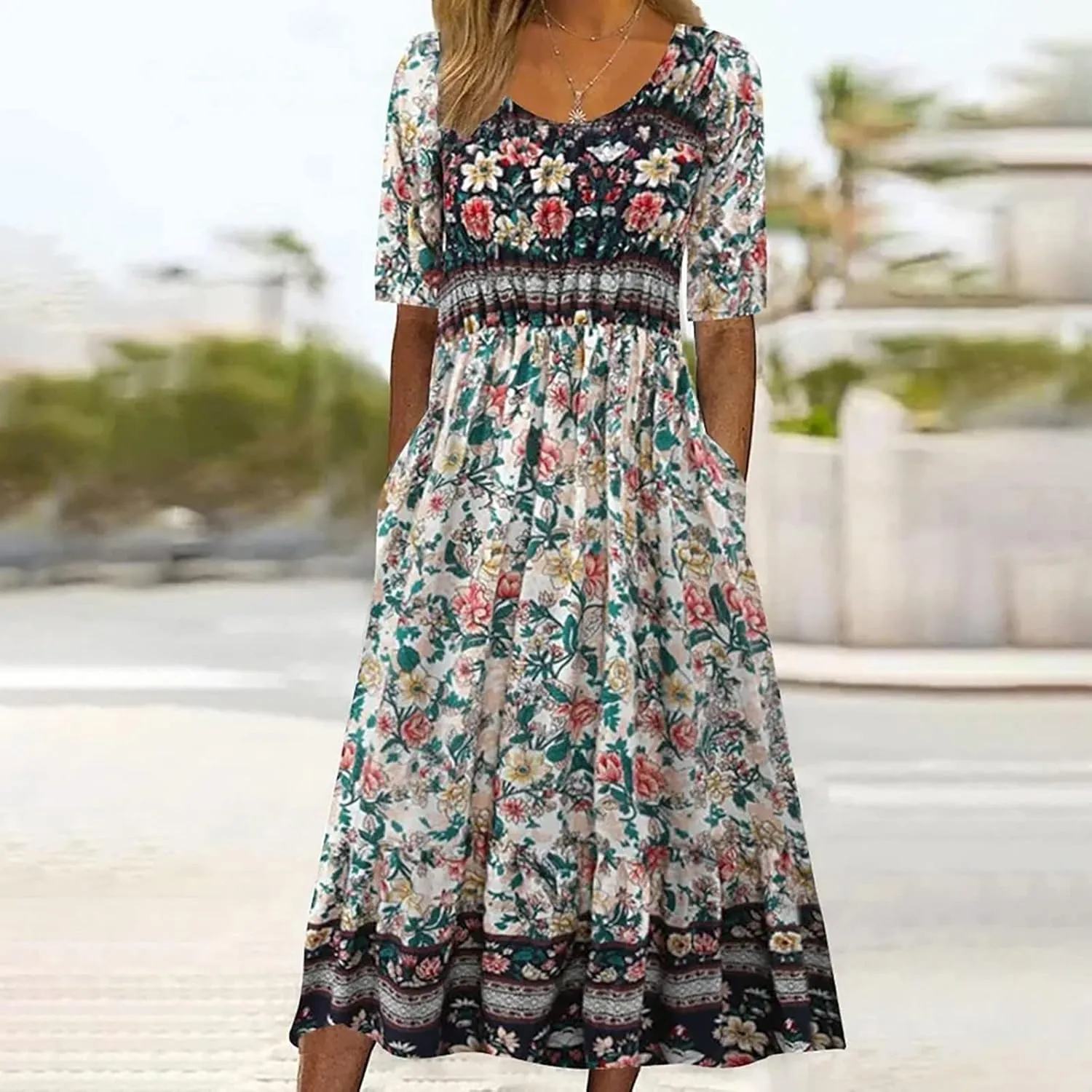 Midi Dresses for Women 2024 Floral Print High Waist Boho Dresses with Pockets Half Sleeve Loose Flowy Summer Dresses