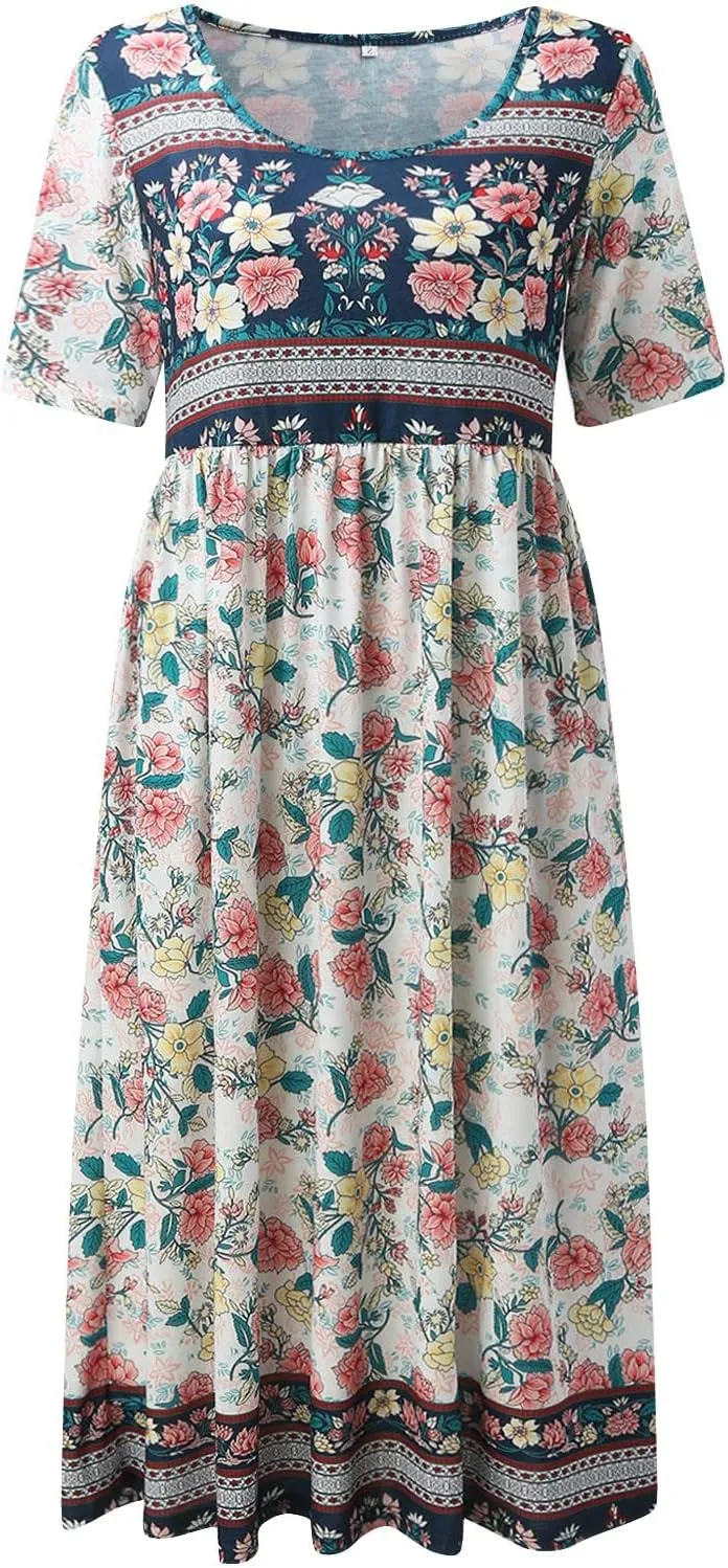 Midi Dresses for Women 2024 Floral Print High Waist Boho Dresses with Pockets Half Sleeve Loose Flowy Summer Dresses