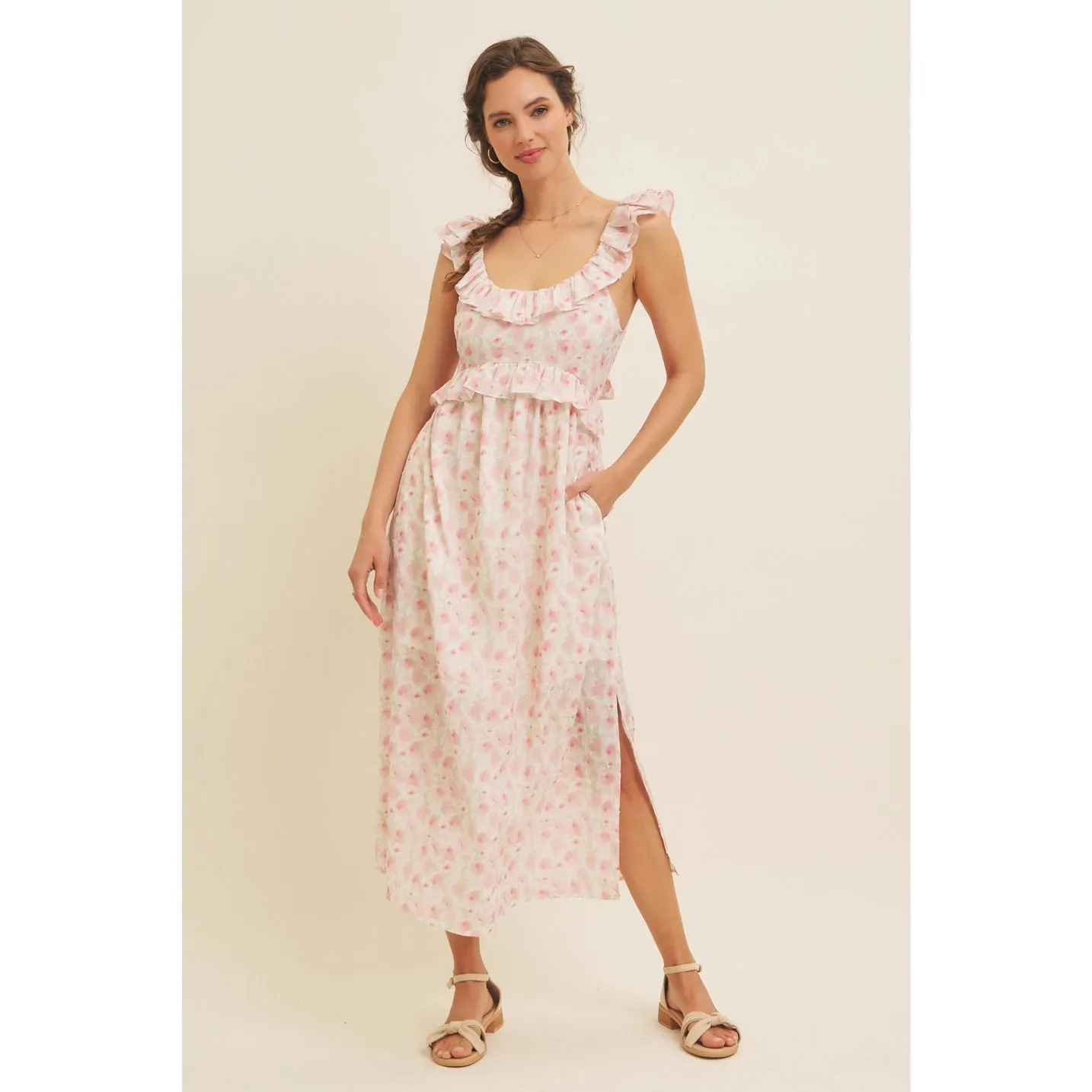 NB  Floral Slit Midi Dress with Ruffles and Back Tie