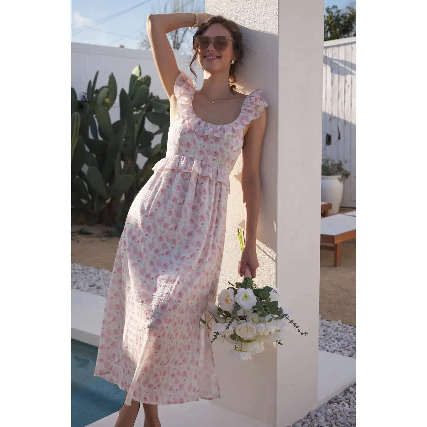 NB  Floral Slit Midi Dress with Ruffles and Back Tie