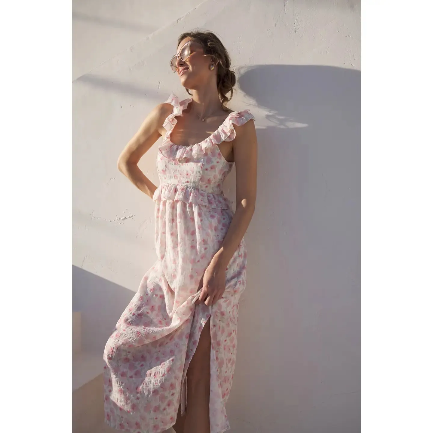 NB  Floral Slit Midi Dress with Ruffles and Back Tie