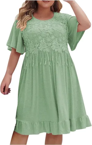 Plus Size Dresses for Curvy Women Loose Fit Crew Neck Half Sleeve Midi Dress Elegant Lace Stitching Knee Length Dress