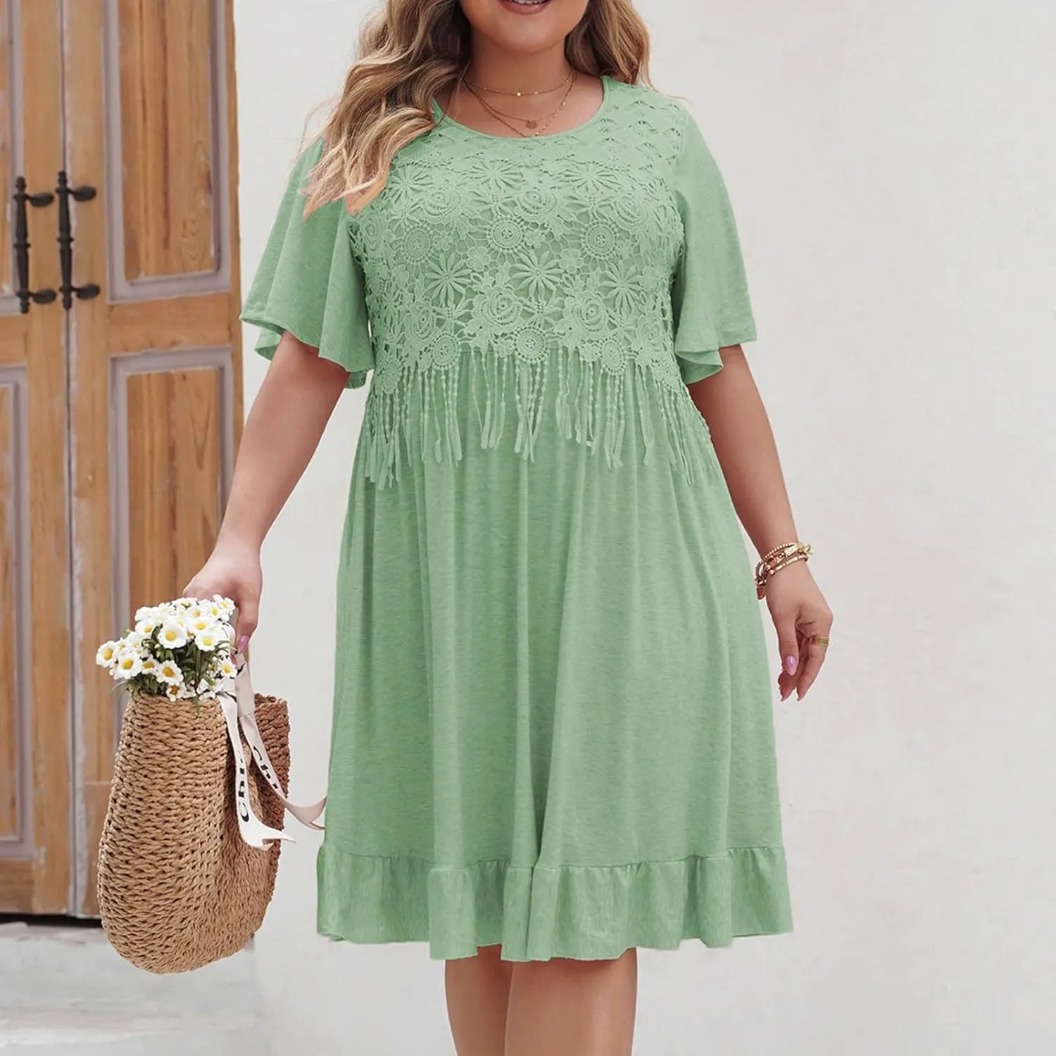 Plus Size Dresses for Curvy Women Loose Fit Crew Neck Half Sleeve Midi Dress Elegant Lace Stitching Knee Length Dress