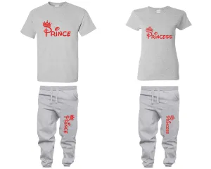 Prince & Princess Couple Matching T-Shirts & Jogger Pants – 4-Piece Set: Men’s and Women’s Styles Sold Separately in Red Design