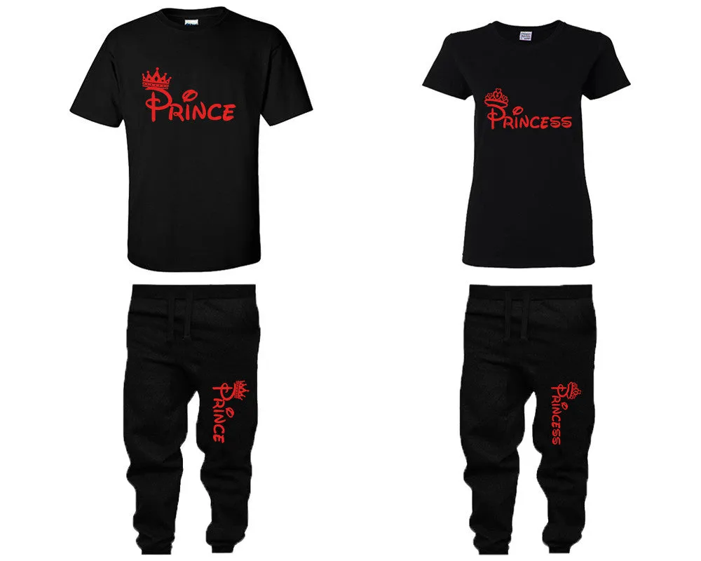 Prince & Princess Couple Matching T-Shirts & Jogger Pants – 4-Piece Set: Men’s and Women’s Styles Sold Separately in Red Design