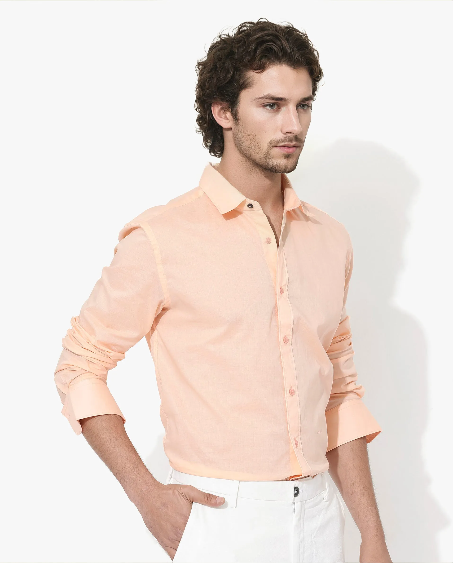 Rare Rabbit Men's Fullsleen Pastel Orange Cotton Fabric Full Sleeves Collared Neck Regular Fit Solid Shirt