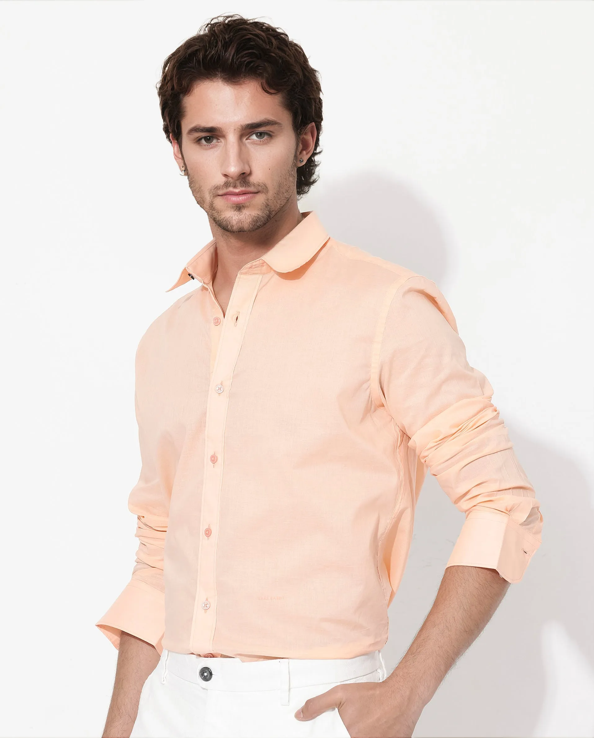 Rare Rabbit Men's Fullsleen Pastel Orange Cotton Fabric Full Sleeves Collared Neck Regular Fit Solid Shirt