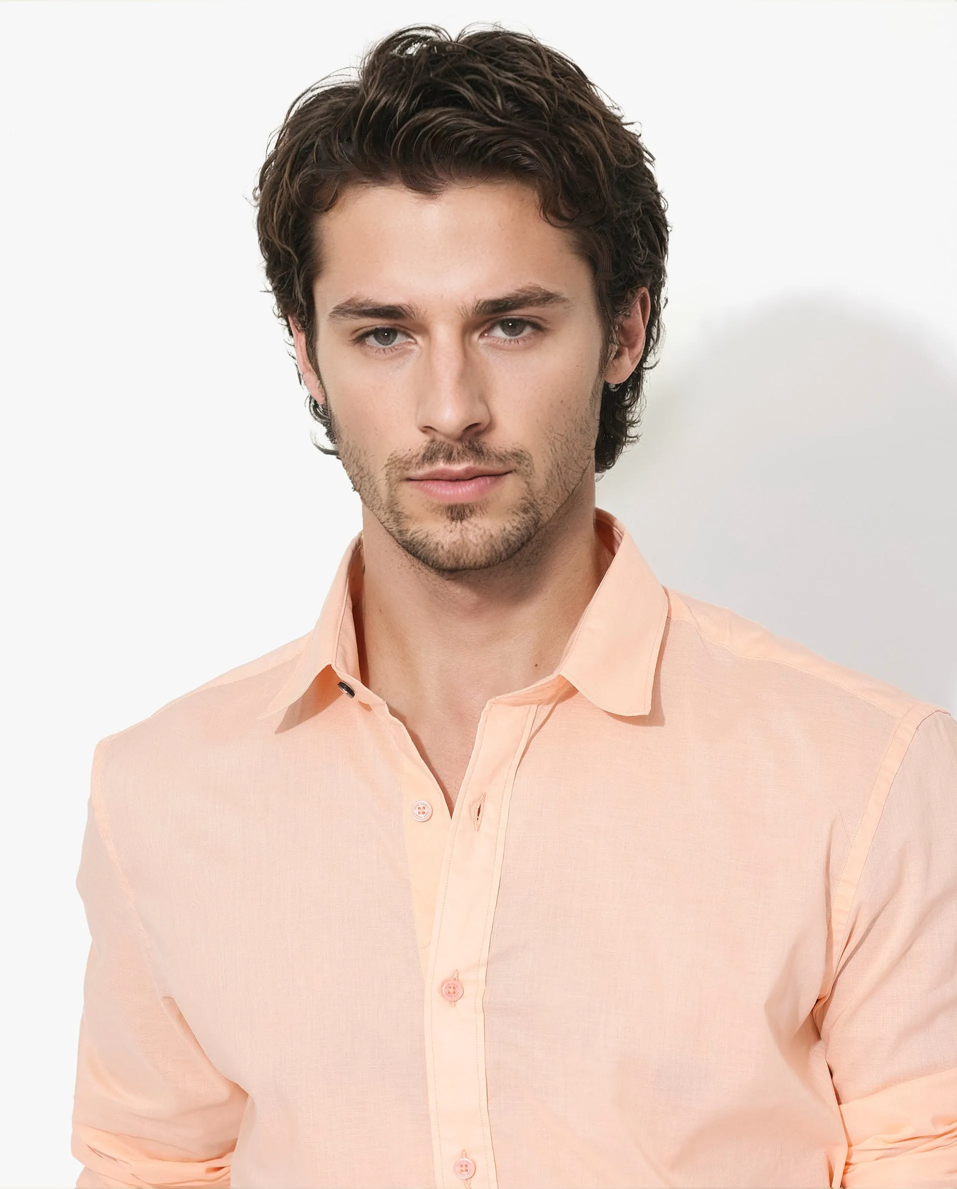 Rare Rabbit Men's Fullsleen Pastel Orange Cotton Fabric Full Sleeves Collared Neck Regular Fit Solid Shirt