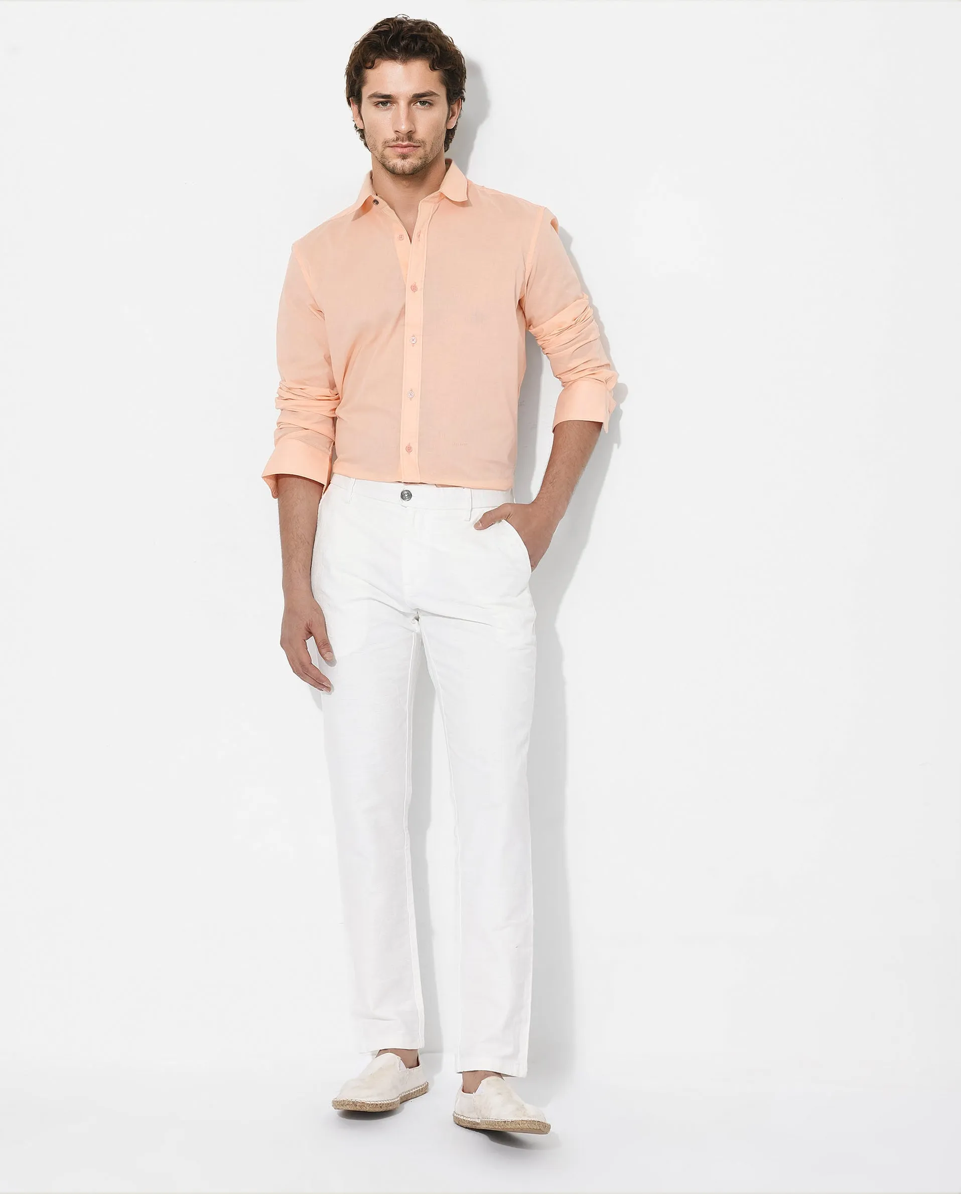 Rare Rabbit Men's Fullsleen Pastel Orange Cotton Fabric Full Sleeves Collared Neck Regular Fit Solid Shirt