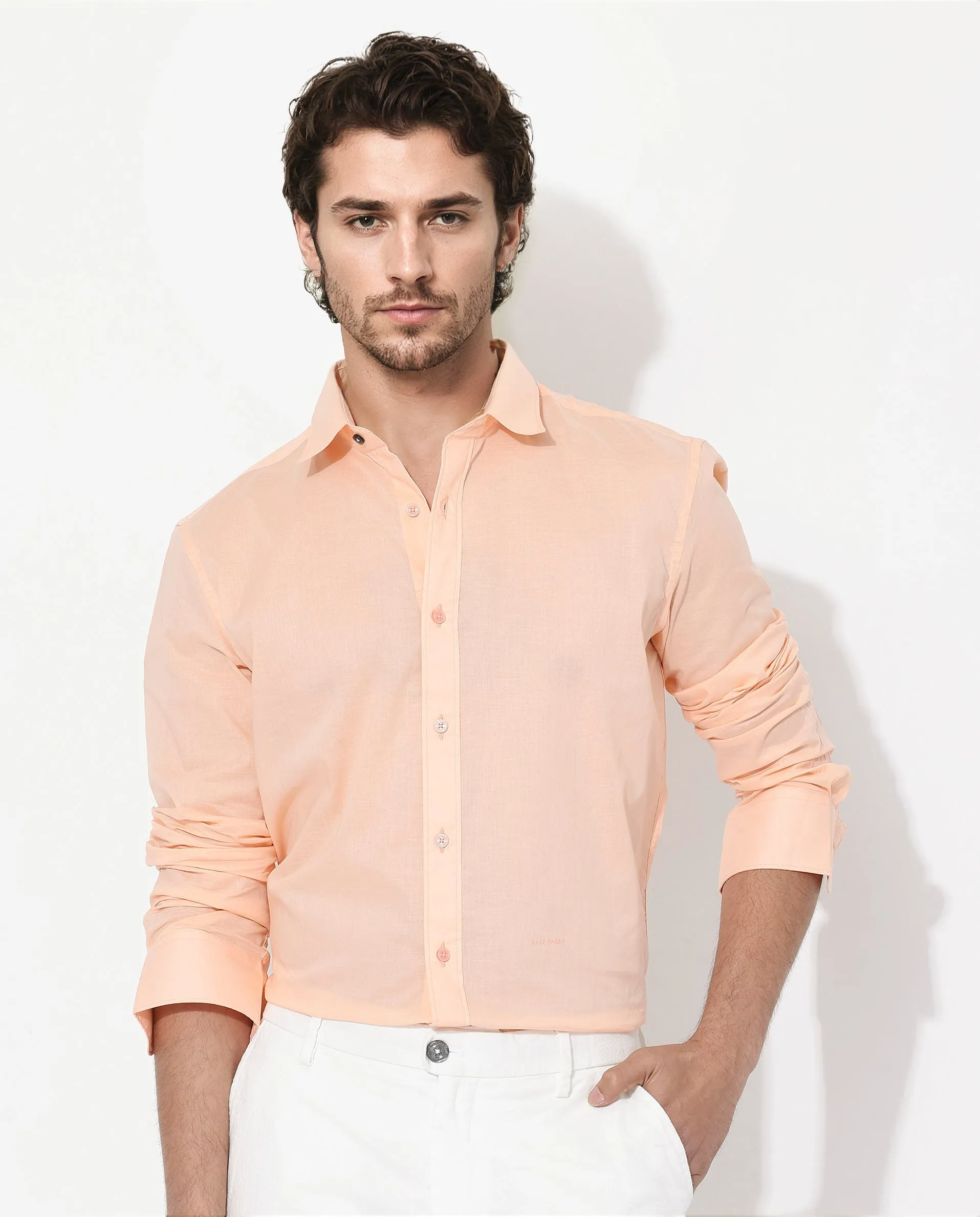 Rare Rabbit Men's Fullsleen Pastel Orange Cotton Fabric Full Sleeves Collared Neck Regular Fit Solid Shirt
