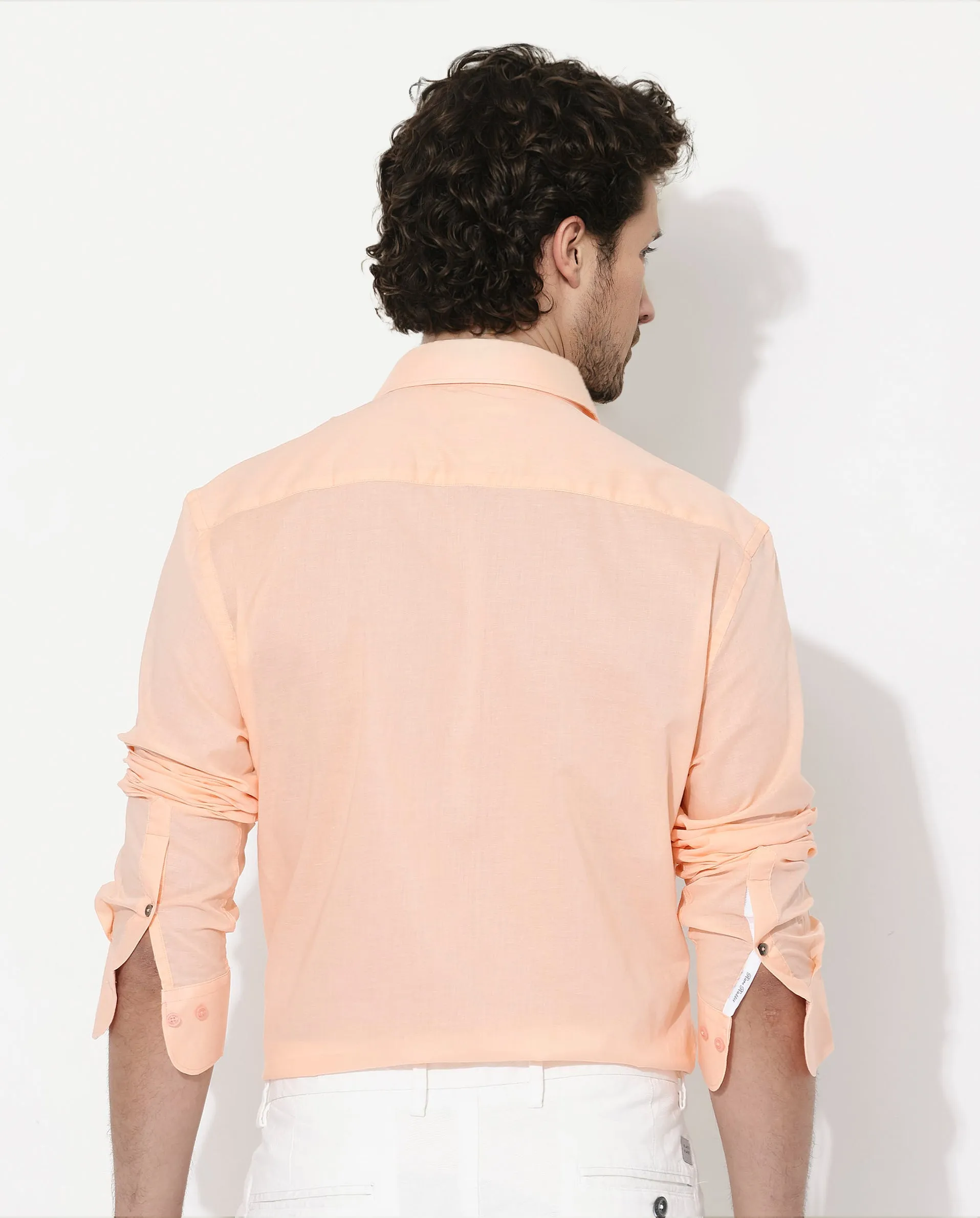 Rare Rabbit Men's Fullsleen Pastel Orange Cotton Fabric Full Sleeves Collared Neck Regular Fit Solid Shirt