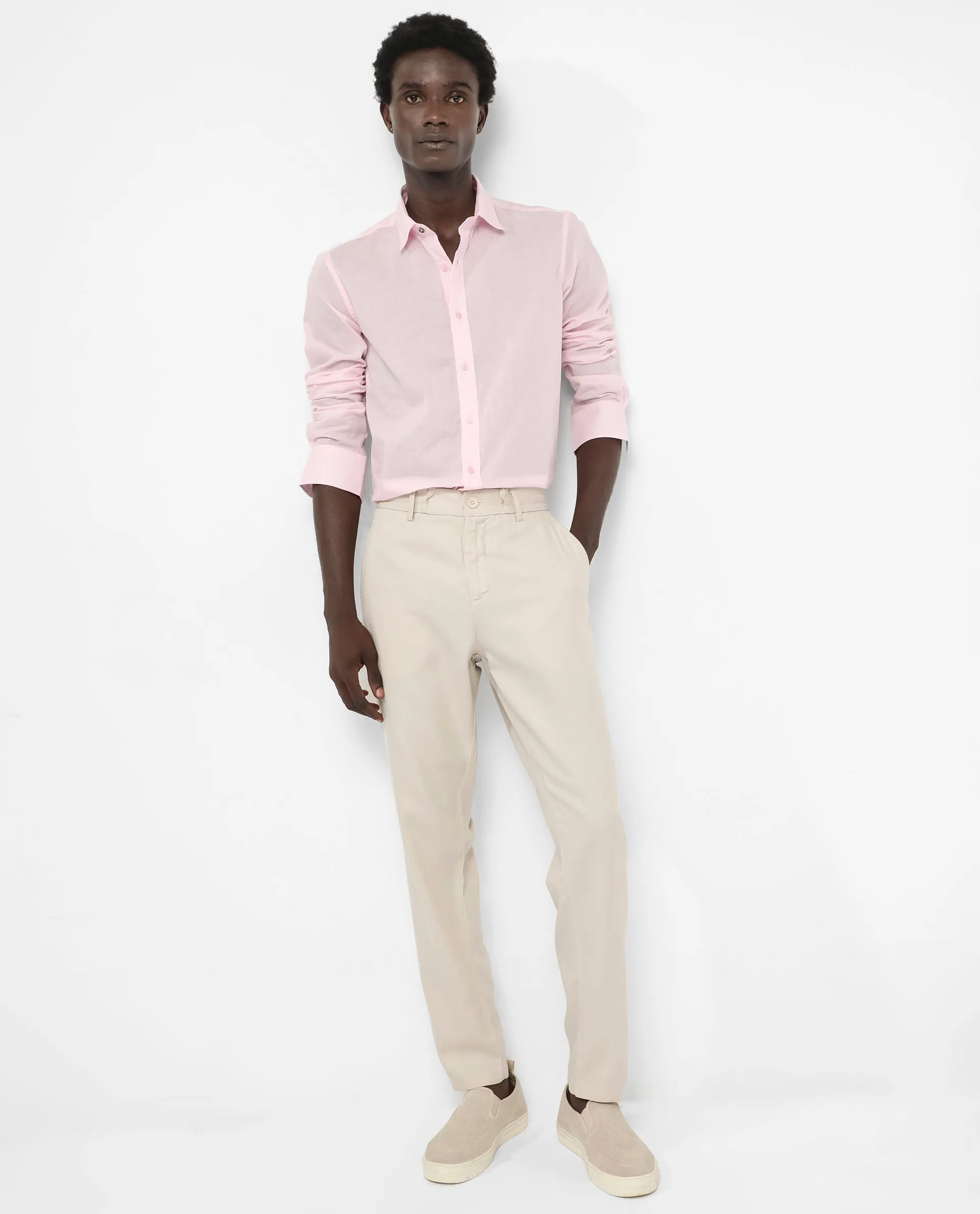 Rare Rabbit Men's Fullsleen Pastel Pink Cotton Fabric Full Sleeves Collared Neck Regular Fit Solid Shirt