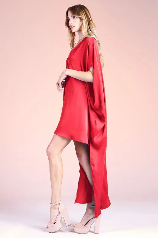 Red Washed Poly Silk Notched High Low Caftan Dress