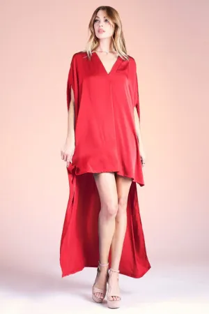 Red Washed Poly Silk Notched High Low Caftan Dress