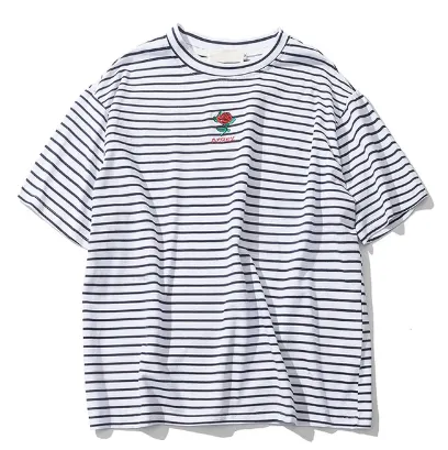 Rose Embroidery Striped Mens T-shirt Short Sleeve