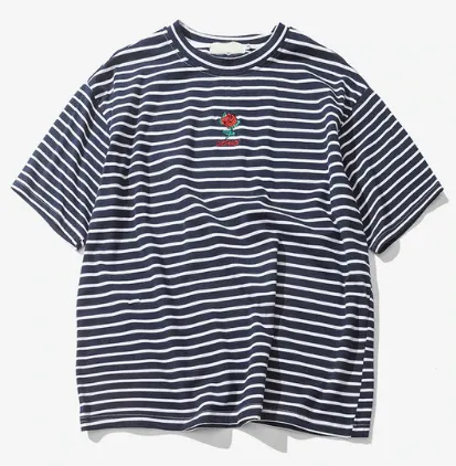 Rose Embroidery Striped Mens T-shirt Short Sleeve