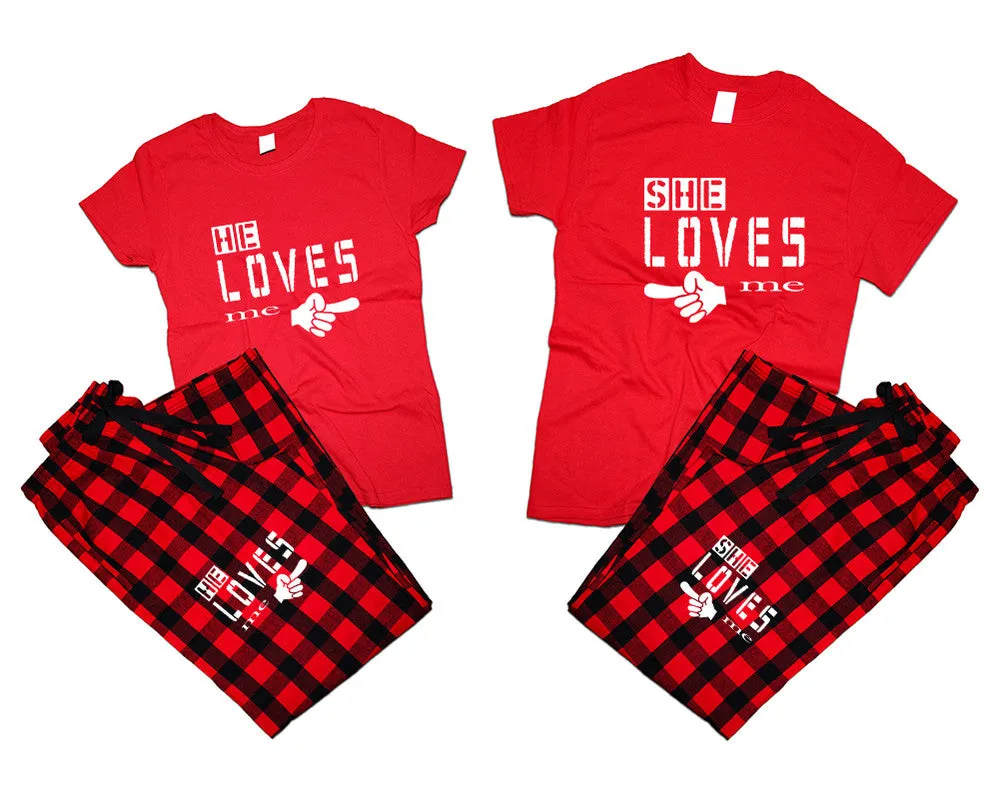 She Loves Me & He Loves Me Matching Pajamas Set – Cotton T-Shirts & Flannel Pants | Sold Separately for Men & Women