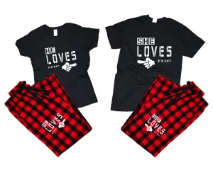 She Loves Me & He Loves Me Matching Pajamas Set – Cotton T-Shirts & Flannel Pants | Sold Separately for Men & Women