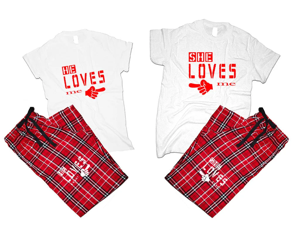 She Loves Me & He Loves Me Matching Pajamas Set – Cotton T-Shirts & Flannel Pants | Sold Separately for Men & Women