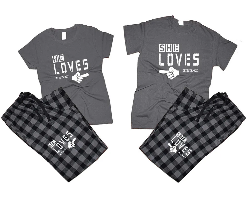 She Loves Me & He Loves Me Matching Pajamas Set – Cotton T-Shirts & Flannel Pants | Sold Separately for Men & Women