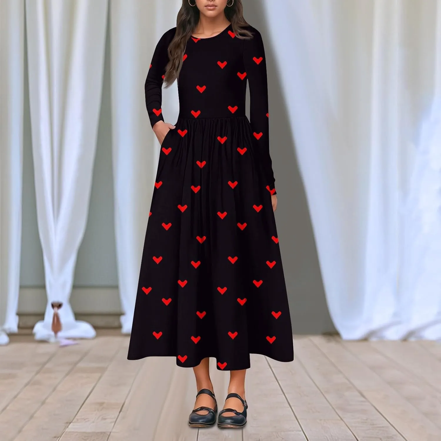 Spring Dresses for Women 2025 Long Sleeve O Neck Midi Tea Length Boho Vacation Trendy Waist Cruise Dress