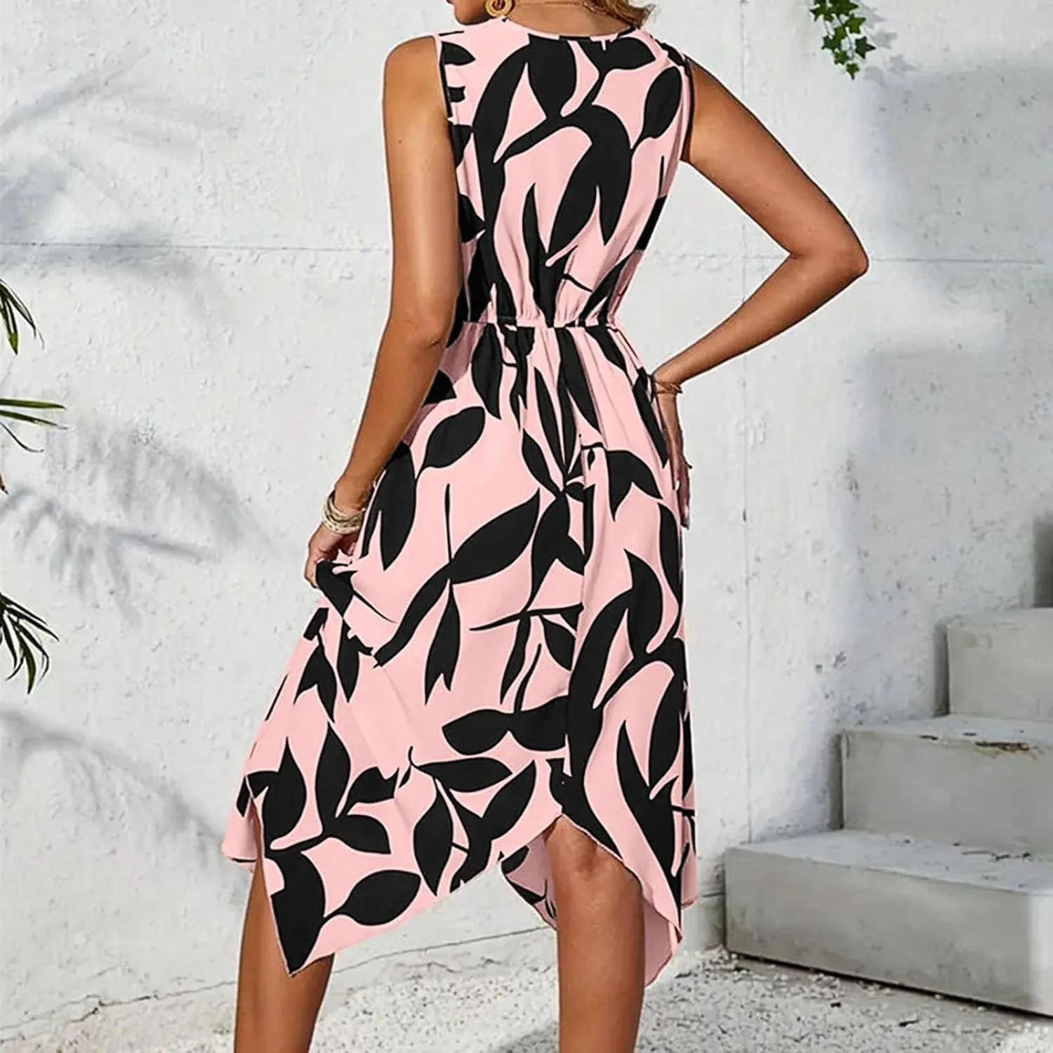 Spring Dresses for Women 2025 V Neck Halter Sleeveless Vintage Fashion Leaf Printed Twisted Asymmetrical Ladies Sundress
