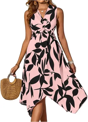 Spring Dresses for Women 2025 V Neck Halter Sleeveless Vintage Fashion Leaf Printed Twisted Asymmetrical Ladies Sundress