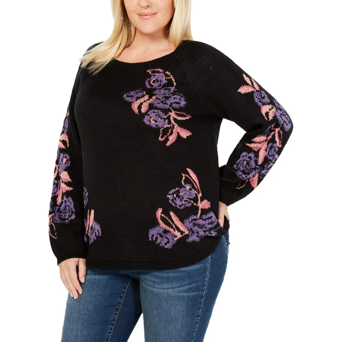 Style & Co. Floral-Print Sweater, Black-Purple Combo, Size Medium