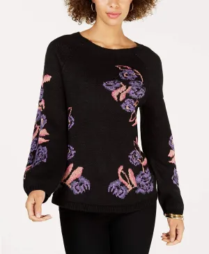 Style & Co. Floral-Print Sweater, Black-Purple Combo, Size Medium