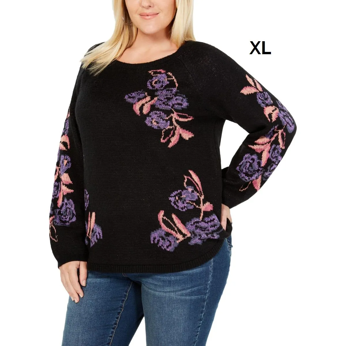 Style & Co. Floral-Print Sweater, Black-Purple Combo, Size Medium