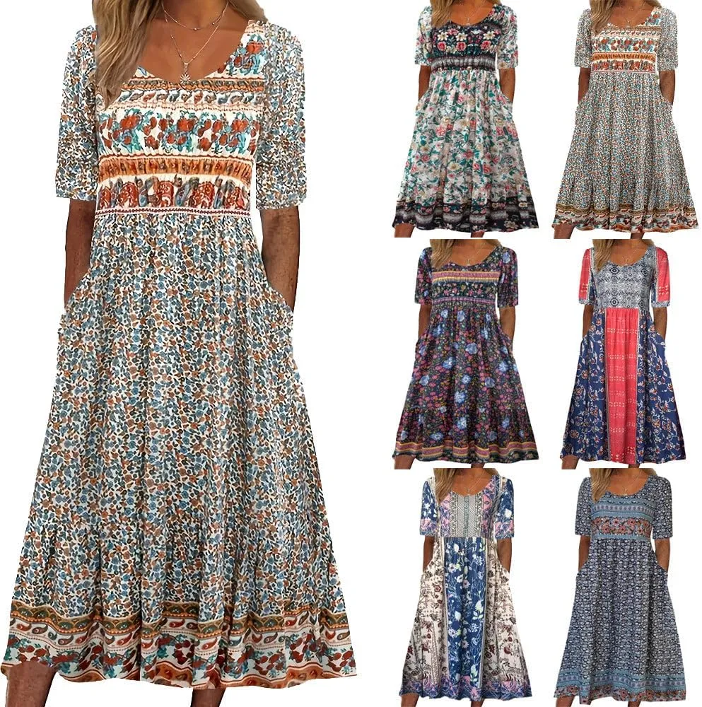 Summer Dresses for Women 2024 Casual Floral Short Sleeve A line Maxi Dress Boho Beach Vacation Sundress with Pockets