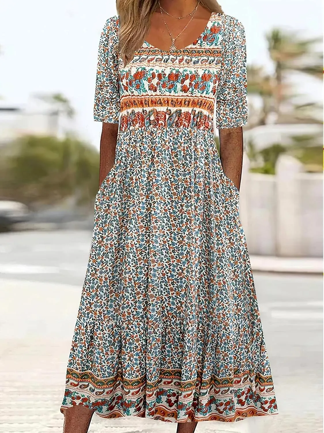 Summer Dresses for Women 2024 Casual Floral Short Sleeve A line Maxi Dress Boho Beach Vacation Sundress with Pockets