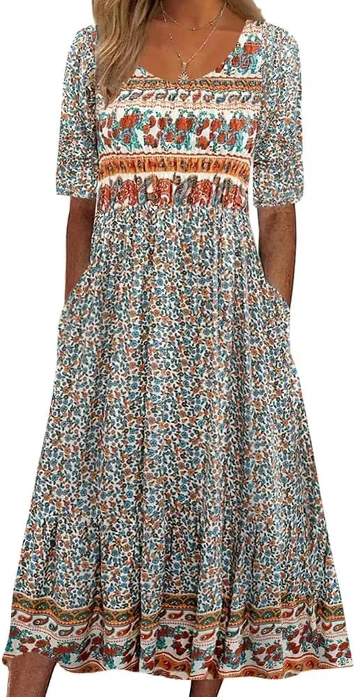 Summer Dresses for Women 2024 Casual Floral Short Sleeve A line Maxi Dress Boho Beach Vacation Sundress with Pockets
