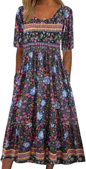 Summer Dresses for Women 2024 Casual Floral Short Sleeve A line Maxi Dress Boho Beach Vacation Sundress with Pockets