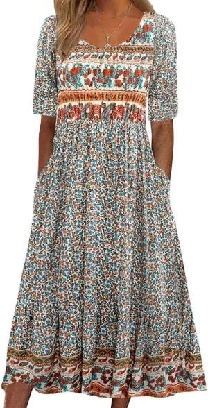 Summer Dresses for Women 2024 Casual Floral Short Sleeve A line Maxi Dress Boho Beach Vacation Sundress with Pockets