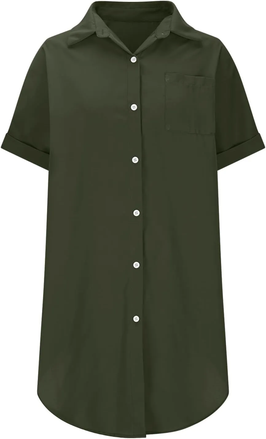 Summer Dresses for Women 2025 Lapel Neck Short Sleeve Shirt Dress Cotton Linen Button Down Mini Dress with Pockets