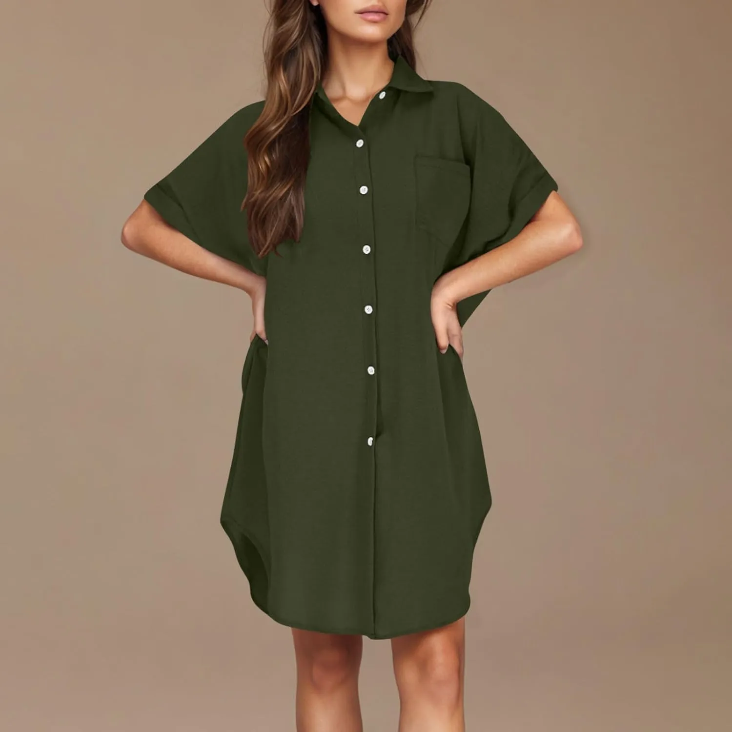 Summer Dresses for Women 2025 Lapel Neck Short Sleeve Shirt Dress Cotton Linen Button Down Mini Dress with Pockets