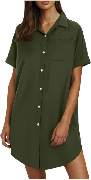 Summer Dresses for Women 2025 Lapel Neck Short Sleeve Shirt Dress Cotton Linen Button Down Mini Dress with Pockets